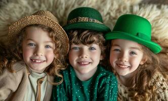 ai generiert drei Kinder sind glücklich und posieren zum st Patrick's Tag Fotos