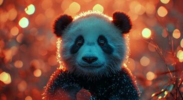 ai generiert ein ausgestopft Panda im Vorderseite von ein bling Hintergrund foto