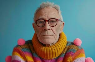 ai generiert älter Mann tragen Brille im ein heiter Sweatshirt mit Rosa Bommel foto