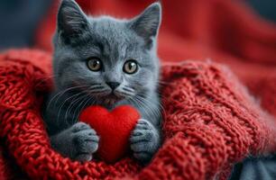 ai generiert ein bezaubernd grau Katze halten ein rot Herz foto