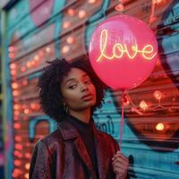 ai generiert ein Frau halten ein Ballon gedruckt mit das Wort Liebe im Rosa foto