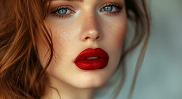 ai generiert rot Lippenstift macht ein Mädchen aussehen Herrlich foto