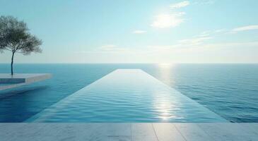 ai generiert ein enorm Schwimmen Schwimmbad und Strand auf ein Terrasse von ein Zuhause foto