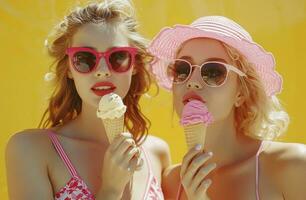ai generiert Damen Essen Eis Sahne und Essen Sonnenbrille auf Gelb Hintergrund foto