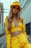 ai generiert Frau tragen Gelb Hose Hut mit Sonnenbrille foto