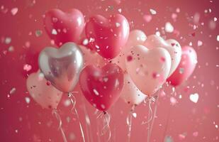 ai generiert Valentinsgrüße Tag Konfetti von Rosa und Silber Herz Luftballons Valentinstag foto