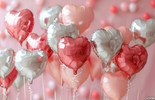 ai generiert Valentinstag Tag Anordnung mit vereiteln Luftballons auf ein Rosa Hintergrund foto