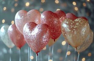 ai generiert Valentinsgrüße Tag Konfetti von Rosa und Silber Herz Luftballons Valentinstag foto