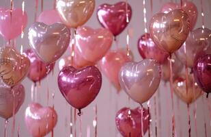 ai generiert Valentinsgrüße Tag Konfetti von Rosa und Silber Herz Luftballons Valentinstag foto