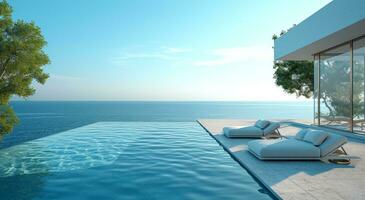 ai generiert ein enorm Schwimmen Schwimmbad und Strand auf ein Terrasse von ein Zuhause foto