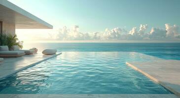 ai generiert ein enorm Schwimmen Schwimmbad und Strand auf ein Terrasse von ein Zuhause foto