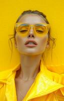 ai generiert ein Frau im Gelb Farbe posieren mit Sonnenbrille foto