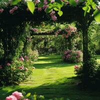 ai generiert ein idyllisch Garten Rahmen mit Blühen Blumen, Bereitstellung ein malerisch Segeltuch zum Werbung Eleganz foto