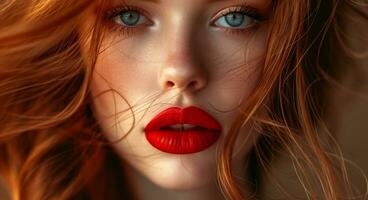 ai generiert rot Lippenstift macht ein Mädchen aussehen Herrlich foto
