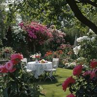 ai generiert ein idyllisch Garten Rahmen mit Blühen Blumen, Bereitstellung ein malerisch Segeltuch zum Werbung Eleganz foto