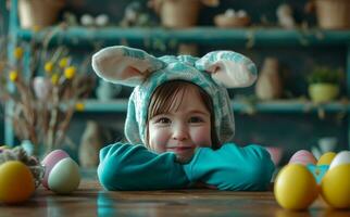 ai generiert Kind mit Ohren trägt Hase Hut beim ein Tabelle mit Ostern Eier foto