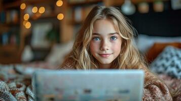 ai generiert nett 11 Jahre alt Mädchen mit Laptop im das Zimmer foto
