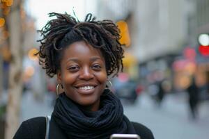 ai generiert glücklich afrikanisch amerikanisch Frau halten ihr Smartphone draußen foto
