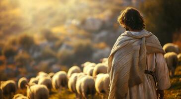 ai generiert Jesus Stehen gegen ein Hintergrund von Schaf im das Mitte von das Weide foto