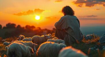 ai generiert Jesus suchen beim seine Schaf auf Sonnenuntergang foto