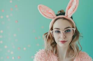 ai generiert Foto von Frau tragen Ostern Hase Stirnband mit Ohren und suchen durch Brille