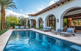 ai generiert Scottsdale Zuhause mit ein Schwimmbad mit ein Terrasse und Salon Stühle im das Schatten foto