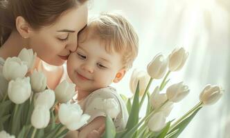 ai generiert Mutter kuscheln ihr Sohn mit Tulpen und Mutter küssen ihm foto