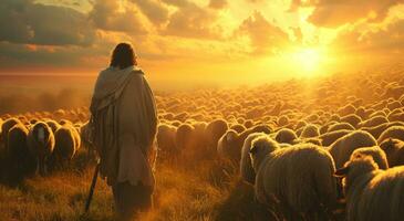 ai generiert Jesus Stehen gegen ein Hintergrund von Schaf im das Mitte von das Weide foto