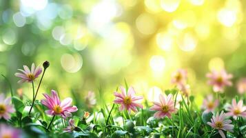 ai generiert Frühling Werbung natürlich nackboden mit Blumen, Bokeh Beleuchtung und Kopieren Raum foto