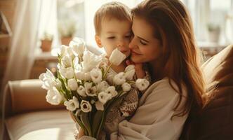 ai generiert Mutter Küsse Sohn beim Zuhause halten Blumen zum Mütter Tag, foto