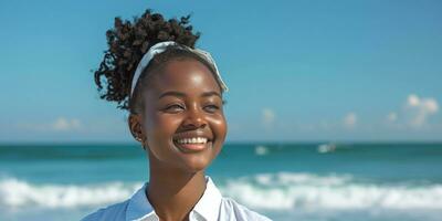ai generiert Frau im Weiß Hemd lächelnd beim das Strand auf ein sonnig Tag foto