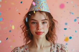 ai generiert jung schön Frau auf Konfettis im ihr Geburtstag Kostüm feiern foto