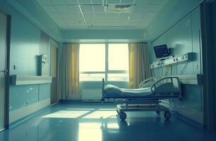 ai generiert ein Krankenhaus Zimmer mit ein Bett und Fenster foto
