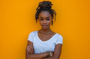 ai generiert jung schwarz Frau mit Waffen gekreuzt auf ein Gelb Hintergrund foto