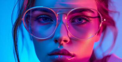 ai generiert Frau Modell- im Neon- Sonnenbrille hd Fotografie, foto