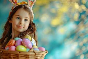 ai generiert jung Mädchen halten Ostern Hase Hut halten ein Korb von Ostern Eier foto