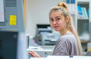 ai generiert ein jung Frau funktioniert im ihr Büro wie ein Verkäufer foto