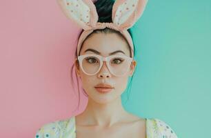 ai generiert Foto von Frau tragen Ostern Hase Stirnband mit Ohren und suchen durch Brille