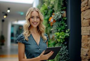 ai generiert blond Geschäft Frau auf Tablette und lächelnd im Büro foto