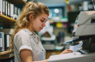 ai generiert ein jung Frau funktioniert im ihr Büro wie ein Verkäufer foto