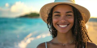 ai generiert Frau lächelnd auf das Strand mit Weiß Hut foto