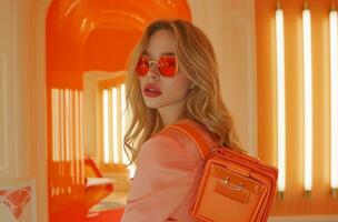 ai generiert blond Frau Modellieren Orange Geldbörse durch Französisch Marke foto