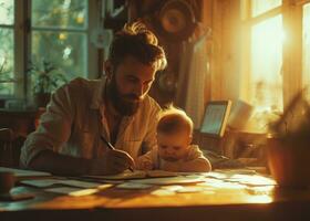 ai generiert ein Mann Schreiben während Sitzung beim ein Schreibtisch im Vorderseite von ein Baby foto