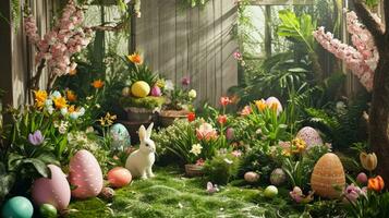 ai generiert ein üppig Garten geschmückt mit Ostern-Thema Dekor, Erstellen ein einladend Szene zum festlich Werbung foto