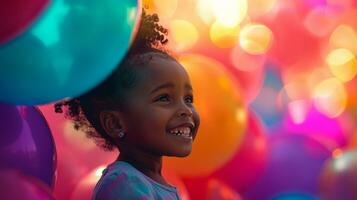ai generiert ein wenig Mädchen ist lächelnd beim das hell Farben von Luftballons foto