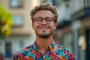 ai generiert ein glücklich Mann mit Brille im ein bunt Hemd Stehen draußen foto