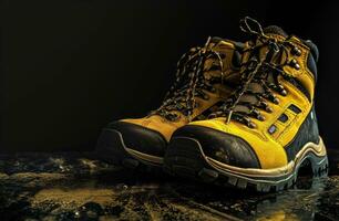 ai generiert ein Paar von Gelb und schwarz Arbeit Schuhe auf ein dunkel Hintergrund foto