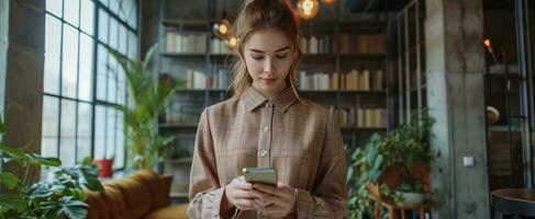 ai generiert Geschäft Frau ist halten ein Zelle Telefon im ein Büro foto