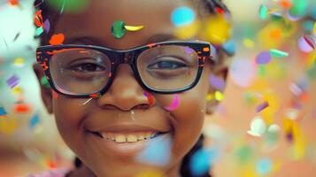 ai generiert ein jung Mädchen tragen Brille mit Konfetti foto