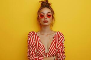 ai generiert ein jung Frau im rot und Weiß Streifen Kleid posieren auf ein Gelb Hintergrund foto